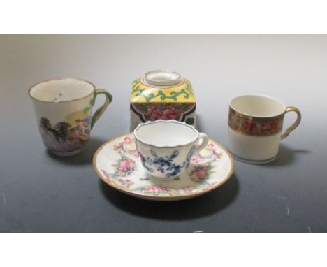A Paris porcelain square sectioned inkwell, a Capo di Monte cup and saucer, a Meissen onion pattern cup and a La Courtille co