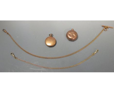 An 18ct gold chain (21.8gm) with a 9ct gold sovereign case, an unmarked metal chain and a fob compass A/f  
