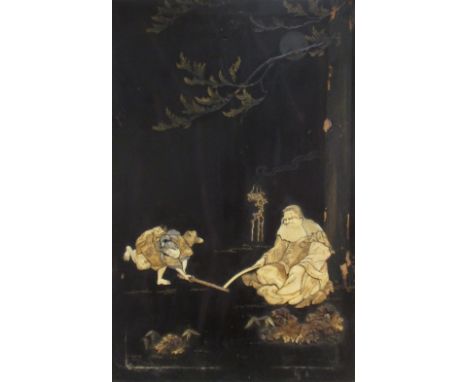 A pair of early 20th century Japanese bone and horn inlaid black lacquer panels, 61 x 39cm (24 x 15.25 in) (2)  Some losses a