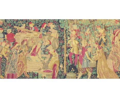 A fabric printed with a Mediaeval tapestry scene of men and women gathering grapes and making wine, lined and with hanging cl