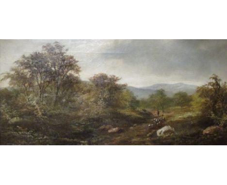 R Marshall (British, 19th Century) - Landscape with herdsman and his flock, oil on canvas, signed lower left, 29 x 59.5 cm  