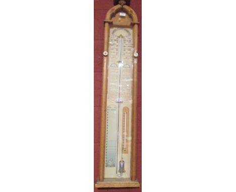 An oak Admiral Fitzroy barometer, late 19th century, the arched case with glazed front displaying paper dial, twin verniers a