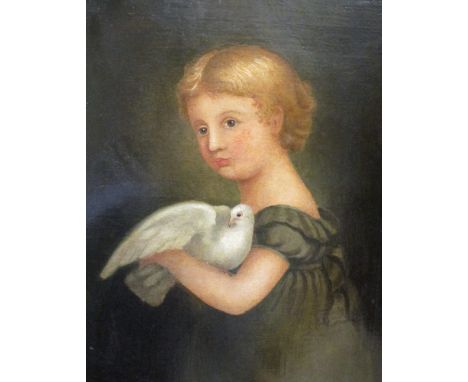 English School (early 19th Century), Portrait of a young girl with a dove, oil on canvas, 59 x 48cm  Relined and cleaned.
