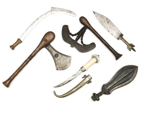 Five various African weapons and one Indo-Persian, curved knife; a.o. Songye, a ceremonial axe the shaft with copper plating,