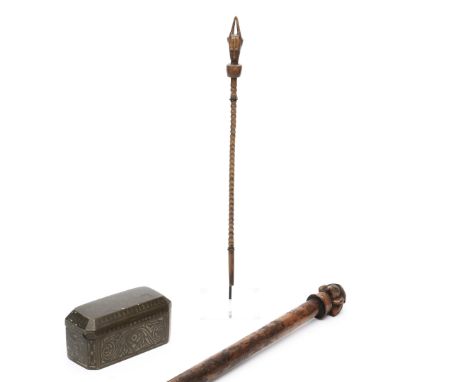 Philippines copper and silver betel box; an Ivory Coast, wooden rattle implement and an African walking stick. L. 12,5; 36,7 