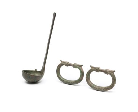 Roman bronze spoon and two bronze handles, ca. 3rd century AD; L. 18,5 and 8 cm. [3]