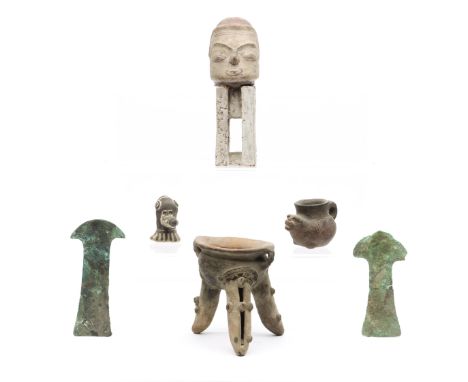 Chimu, two bronze tumi, 1200-1400 AD, Chancay a small terracotta figure, ca. 1400 and a terracotta painted head; Herewith ter