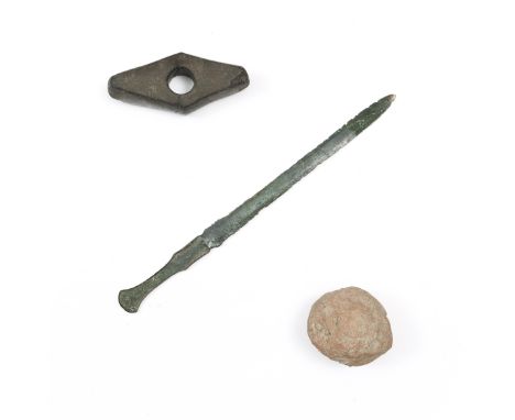 Luristan, bronze short sword, ca. 1200 BC, a stone antique axe head, found in Drente, Holland and an antique terracotta ball 