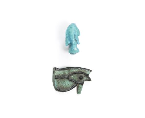 Egypte, blue faience udjat and a ring, Late Period; (ring restored) L. 2,6 and 2 cm. Private Dutch collection, collected betw