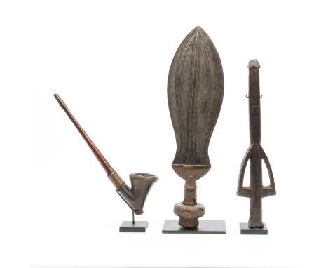 D.R. Congo, Kuba, a knife, herewith a Mossi flute and an African pipe with terracotta bowl.. h. 38,5 / 30 and 27 cm. [3]