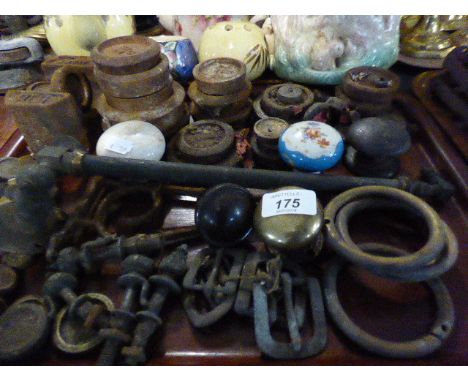 A Tray of Sundries to Include Brass Weights, Buckles, Door Handles, Gas Light Etc 