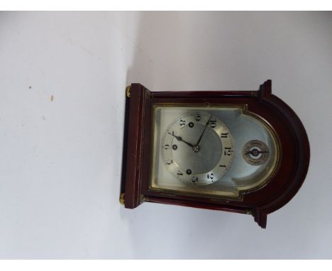 An Edwardian Mahogany Cased Westminster Chime Mantle Clock with Pendulum and Key, 26cm High 