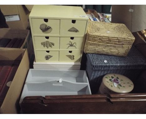 A Collection of Sundries to Include Wicker Boxes, Shelf Unit, Table Lamps, Collectors Shelves, Knife Box etc