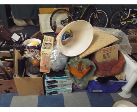 Four Boxes of Sundries to Include Book, Prints, Photoframes, Waste Bins, Light Shades, Electric Heater etc