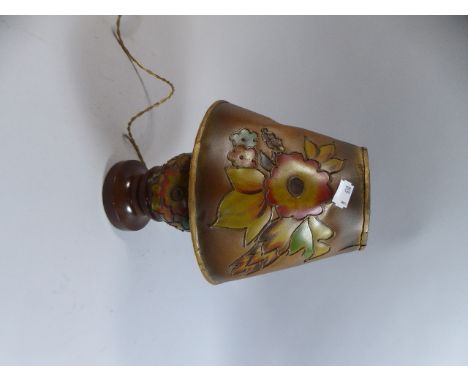 An Edwardian Turned Wooden Table Lamp with Tubed Lined Floral Decoration, which is Matched to Shade, 29cm High 