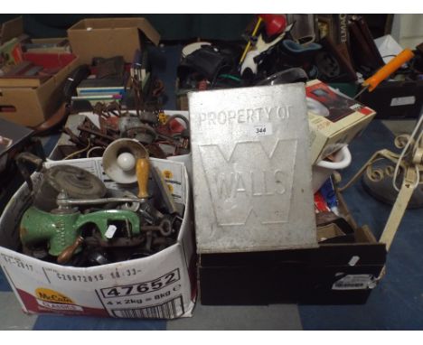 Four Boxes of Metalwares to Include Mincer, Kettles, Roller Skates, Meccano, Walls Ice Cream Tub