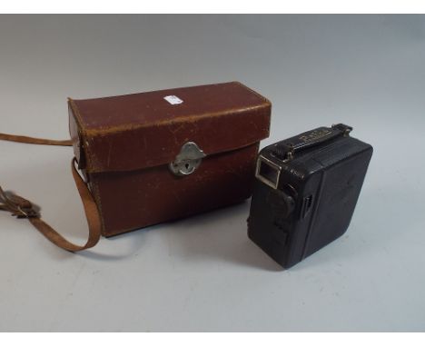 A Vintage Leather Cased Pathe 8mm Clockwork Cine Camera 