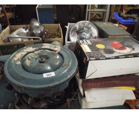A Vintage Part Engine and Collection of Vintage Automobile Accessories to Include Lucas Lights, Various Books, Spark Plugs, O