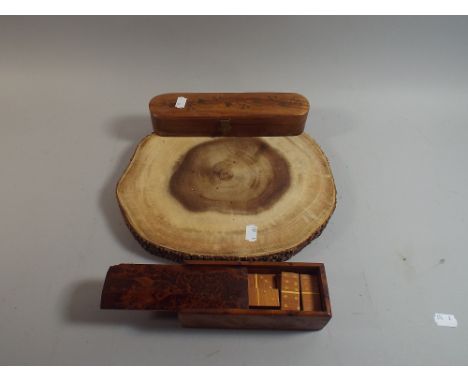 A Collection of Treen To Include Section of Olive Tree Trunk, Cased Dominoes and Brass Inlaid Pen Box 