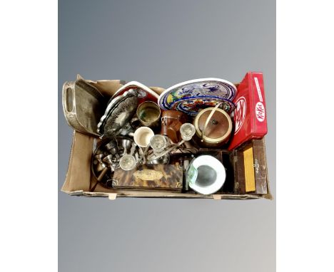 A box of oak tea caddy, tins, plated wares, candelabrum, art glass vase 