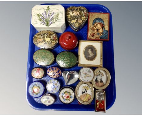 A collection of assorted jewellery, trinket and pill boxes together with Religious icon and three portrait miniatures 