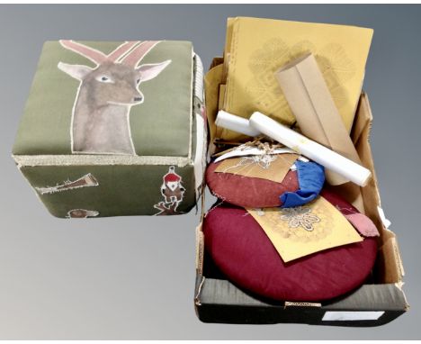 A fabric upholstered sewing box and a box of lacework tools and patterns 