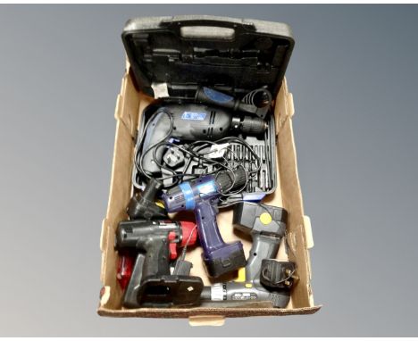 A box of assorted power tools by Skilsaw, Ryobi, Black and Decker etc 