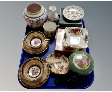 A tray of Beswick Dashound, Paragon cups and saucers, Poole vase, boxed Royal Albert and Ringtons dishes 