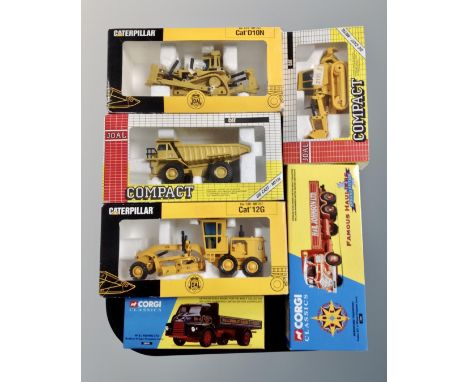 Two boxes die cast vehicles : Corgi Classics 2001 and 14001, Joal compact, dull dozer, tripper truck, caterpillar, combine ha