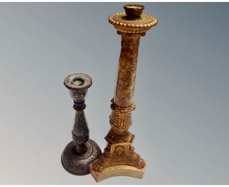A Regency marble and gilt ormolu lamp base, height 36.5cm, and a further Chinoiserie lamp base 