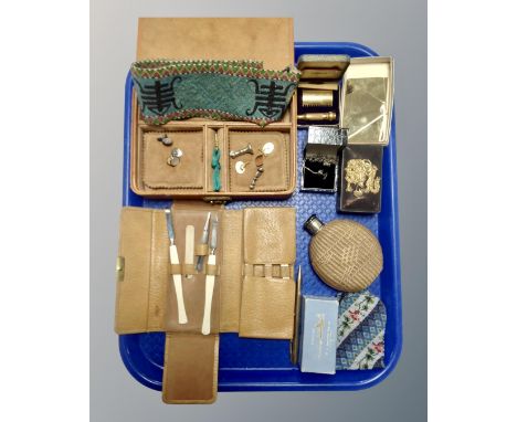 A tray of leather cased manicure set, jewellery box, silver cufflinks, hip flask, rolled gold Sheaffer pencil with leads, sil