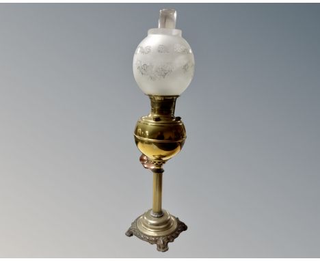 A Victorian Corinthian column oil lamp with opaque glass shade 