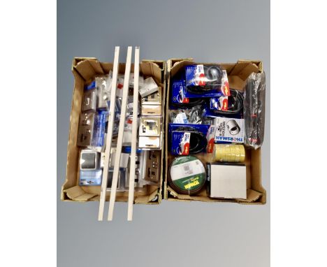 Two boxes of new electrical sockets and consumables, tools, cable spirals, cooker sockets, outside light etc. (2)