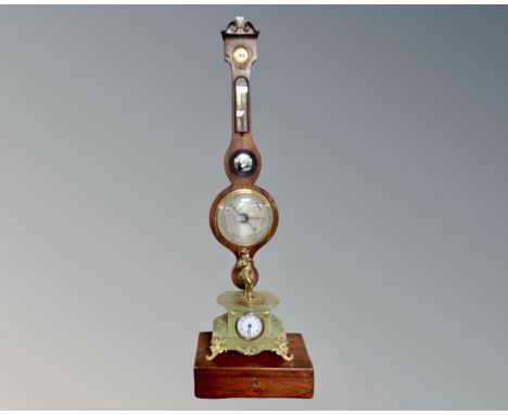 A gilt metal and alabaster eight day wall clock surmounted by a figure, Victorian mahogany writing slope and a banjo baromete