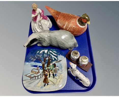 A tray of assorted ceramics, Staffordshire style dog, Continental salt and pepper pot on stand, Royal Doulton Christmas in No