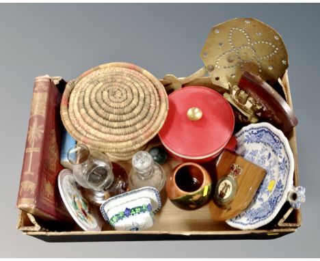 A box of 19th century Spode blue and white food warming stand, 20th century wicker sewing basket, brass chestnut roaster, oil