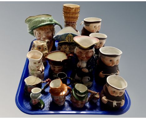 A tray of assorted character jugs : Goebel monks, Doulton Arriep and Old Charley etc 