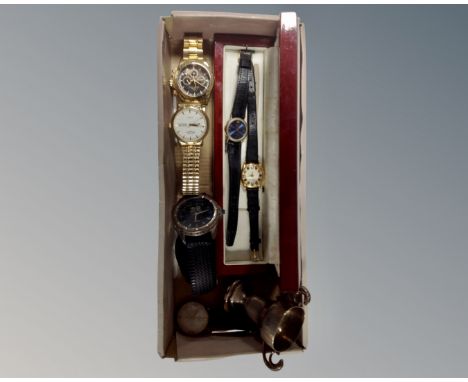 A box of a silver trophy and six assorted watches including Rotary, Cross Hatch, Avia etc 