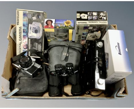 A box of vintage and later cameras, Miranda binoculars, Binatone telephone, radio alarm clock 