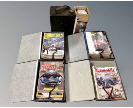 A vintage Shell-Mex BP oil can, a boxed paraffin lamp and four files boxes of vintage car magazines 