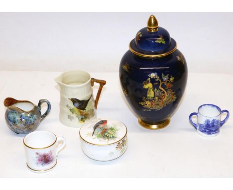 Cabinet items incl. three Royal Worcester pieces, two painted with birds, max. H7cm; and a Carlton Ware Mikado pattern temple