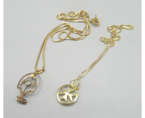 Edwardian 9ct gold openwork pendant set with two peridot, stamped 9c, long box link chain, clasp stamped 750, and a Maltese C