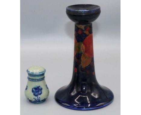 Moorcroft Pottery: Pomegranate pattern candlestick, A/F - repair to rim, H16.5cm; and a William Moorcroft for Macintyre: Flor