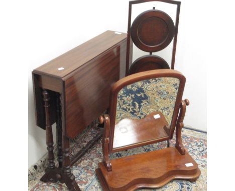 Edwardian mahogany Sutherland table, Victorian mahogany toilet mirror on serpentine base and a C20th three tier folding cake 