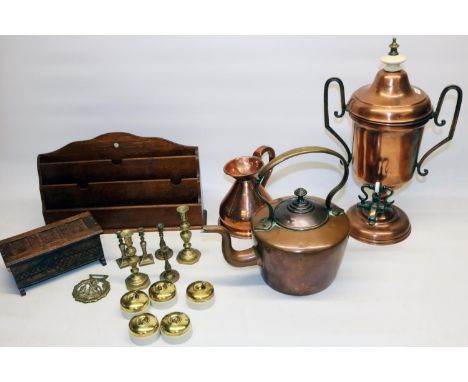 Group of metalware, incl. a C19th trophy form two handled copper and brass samovar, H44cm; copper kettle; copper pint measure