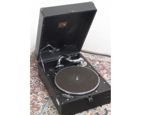 HMV black cased table top windup gramophone, with chrome accessories, W30cm D41cm H18cm 