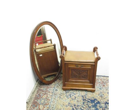 Victorian walnut piano stool, with upholstered top and leaf carved fall front on bracket feet, W54cm D36cm H60cm and and a wa