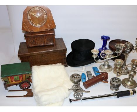 Group of assorted items, incl. Swift three draw telescope in leather case; Art Deco mantle clock marked Chambers &amp; Tooth 