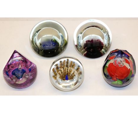 Five Caithness glass limited edition paperweights: Devil's Advocate 87/150,  Whitefriars Peacock 25/750, Mini Rose 65/200, Gl