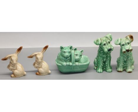 Sylvac ceramic figures: two terrier figures #1378, two cats in a basket #1296, and two lop eared rabbits H10cm (5) 